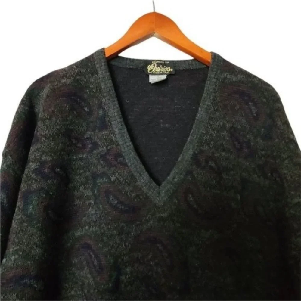 Vintage Cedrics Sweater Wool Blend XL Paisley Gray Green‎ Mens V-Neck